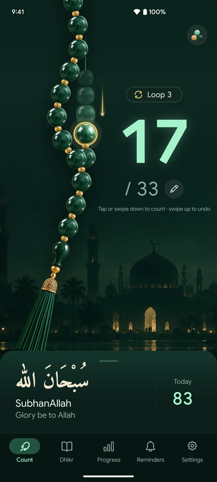 The Count screen in the dark theme: a string of jade beads beside a large count of 17 out of 33